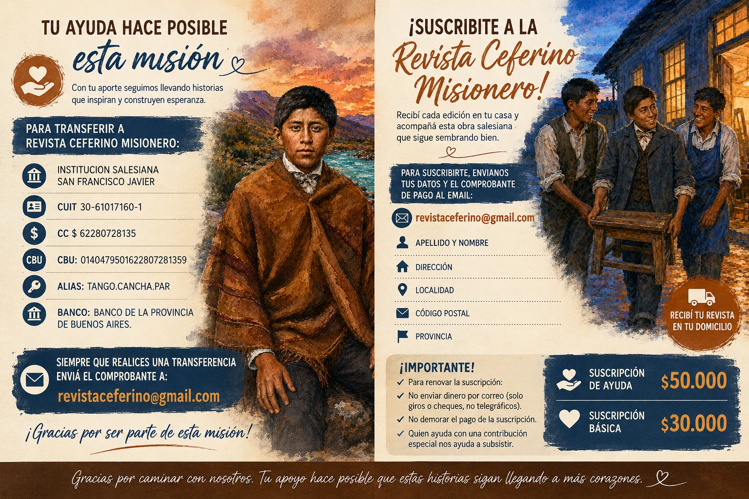 Datos para transferencias y suscripciones de Revista Ceferino Misionero